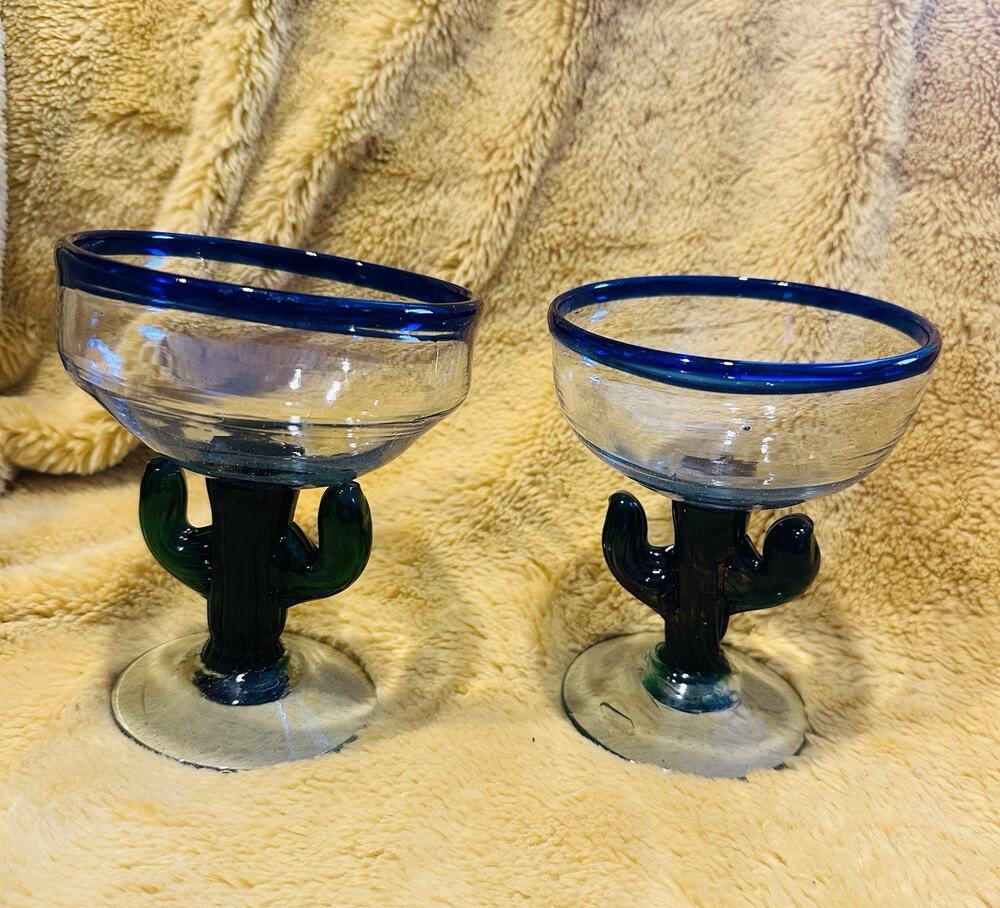 Hand Blown Margarita Glass Bubble Glass Cactus Stem Blue Rim Set Of 2 Mexican